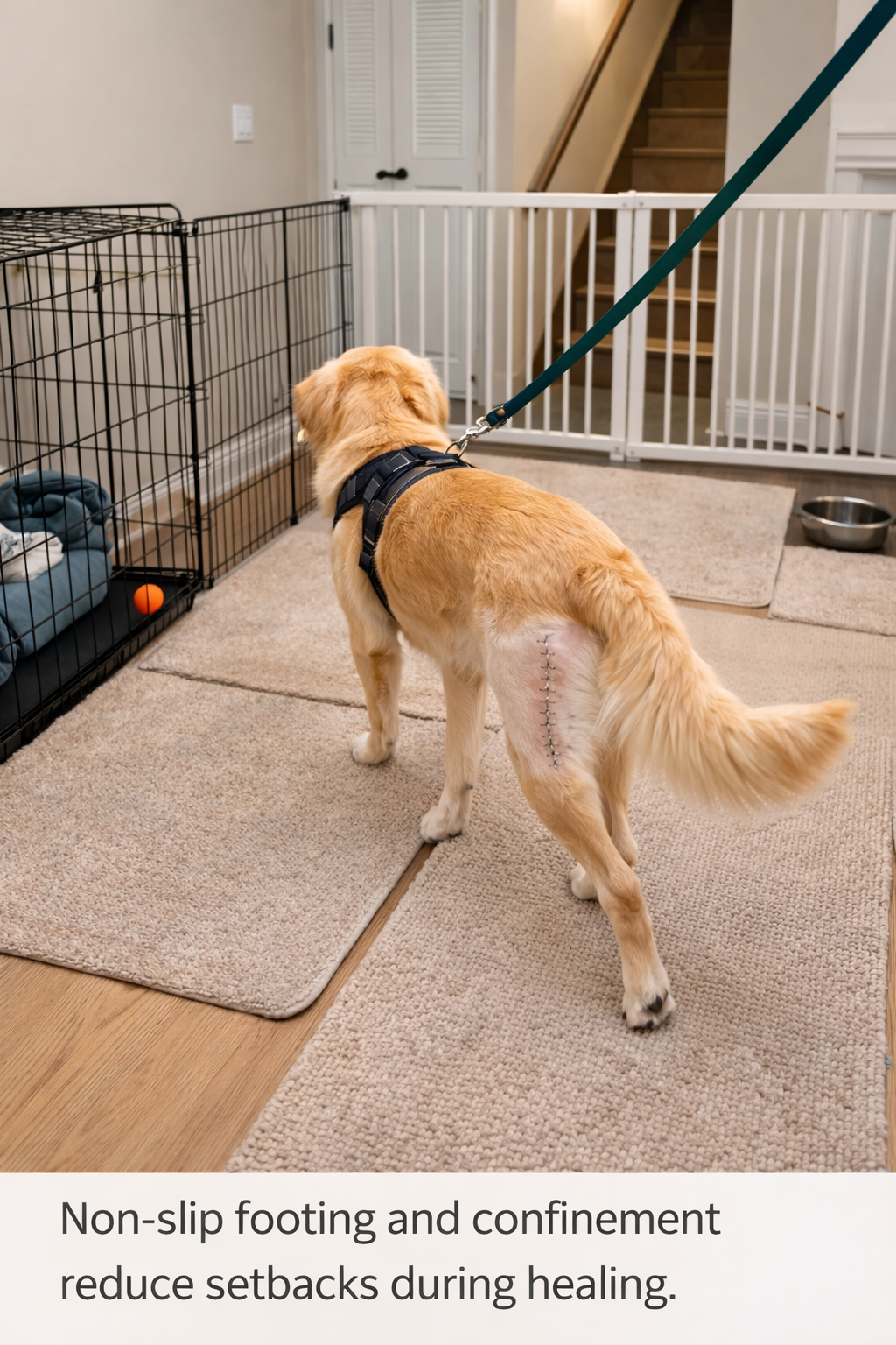 Home recovery setup for a dog after TPLO