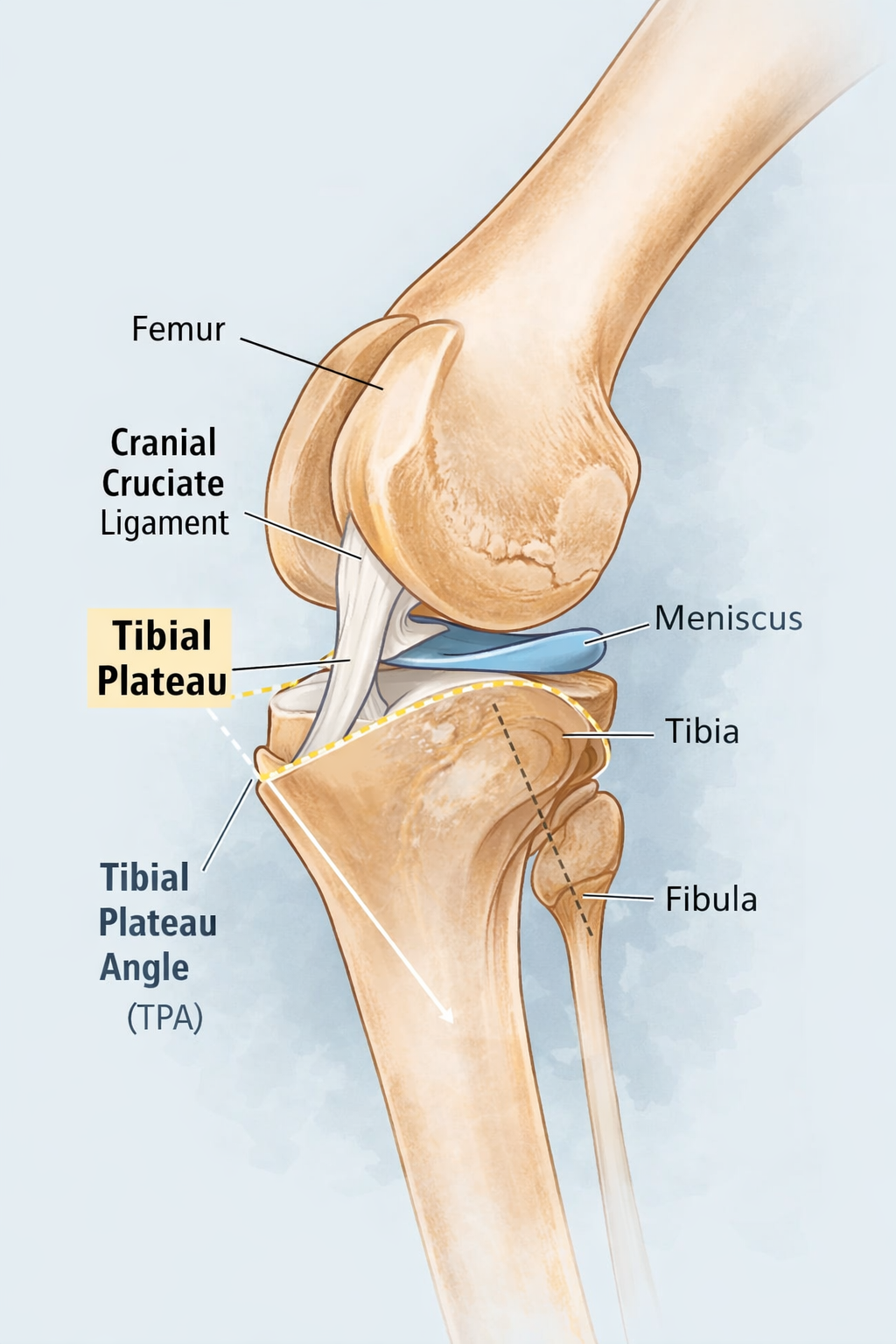 Canine knee anatomy diagram showing tibial plateau